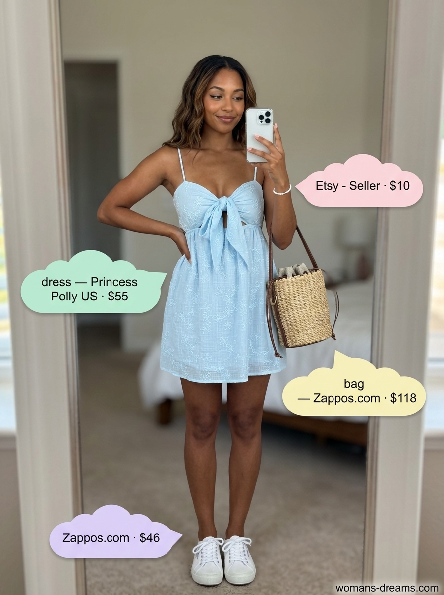 Summer outfits for women with caramel hair 2026: Pastel blue embroidered sundress, straw bag, white sneakers for a picnic.