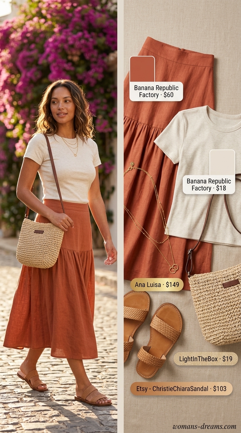 Summer outfits for women with caramel hair 2026: Terracotta skirt, cream top, straw bag for beach vacation.