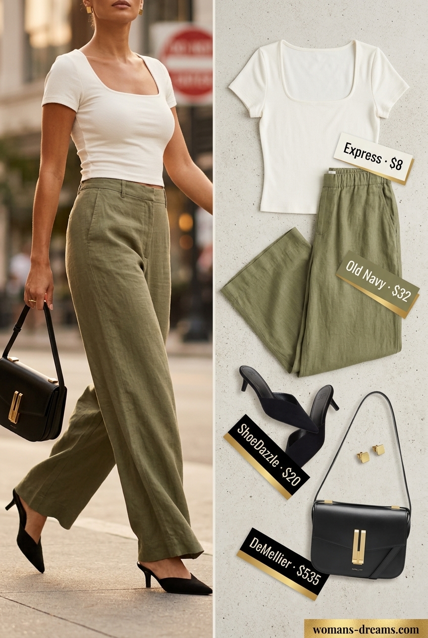 Summer outfits for women with golden skin tone 2026: Olive wide-leg pants, cream crop top, black mules & bag for a chic city look.