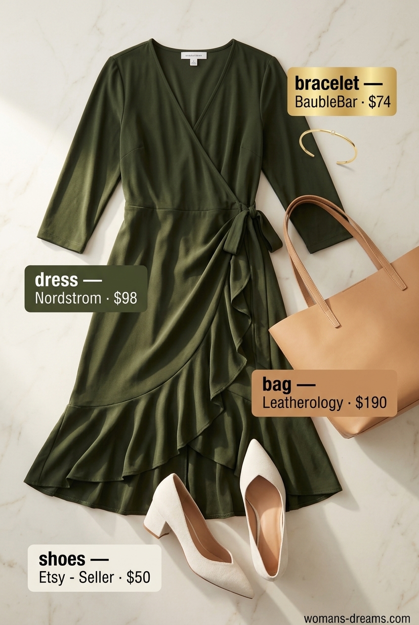 Summer outfits for women with golden skin tone 2026: Olive green wrap dress, cream pumps, tan tote & gold cuff for work or dinner.