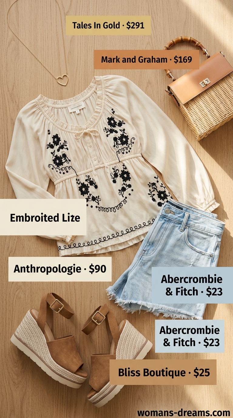 Summer outfits for women with golden skin tone 2026: Ivory peasant blouse, denim shorts, espadrilles, straw bag & gold necklace.