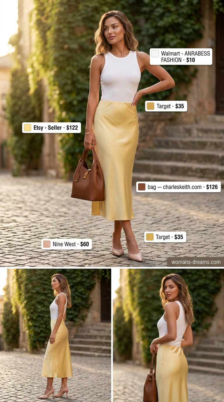 Summer outfits for women with golden skin tone 2026: Golden yellow midi skirt, white bodysuit, nude mules, tan bag & gold bracelet.