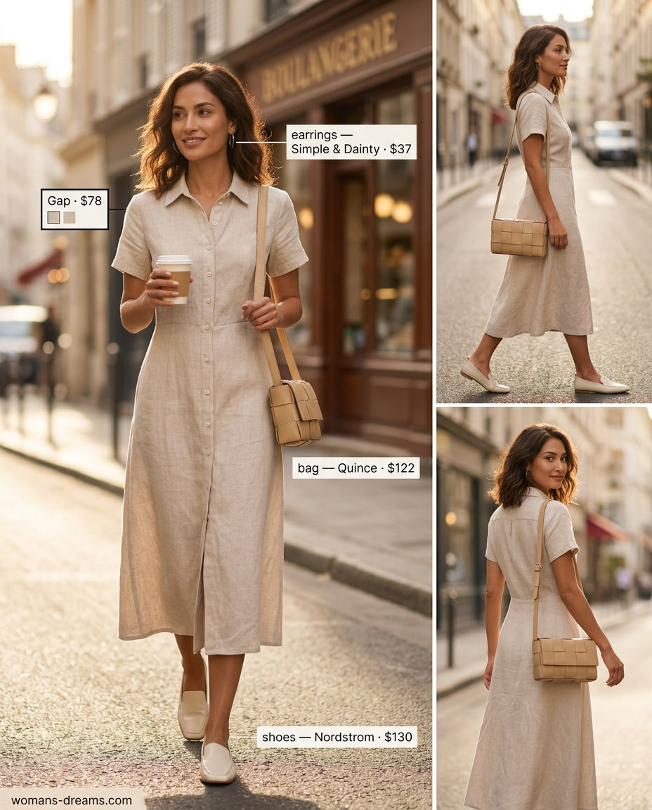Summer outfits for women with golden skin tone 2026: Beige linen midi dress, gold hoops, cream loafers & tan crossbody for a chic office look.