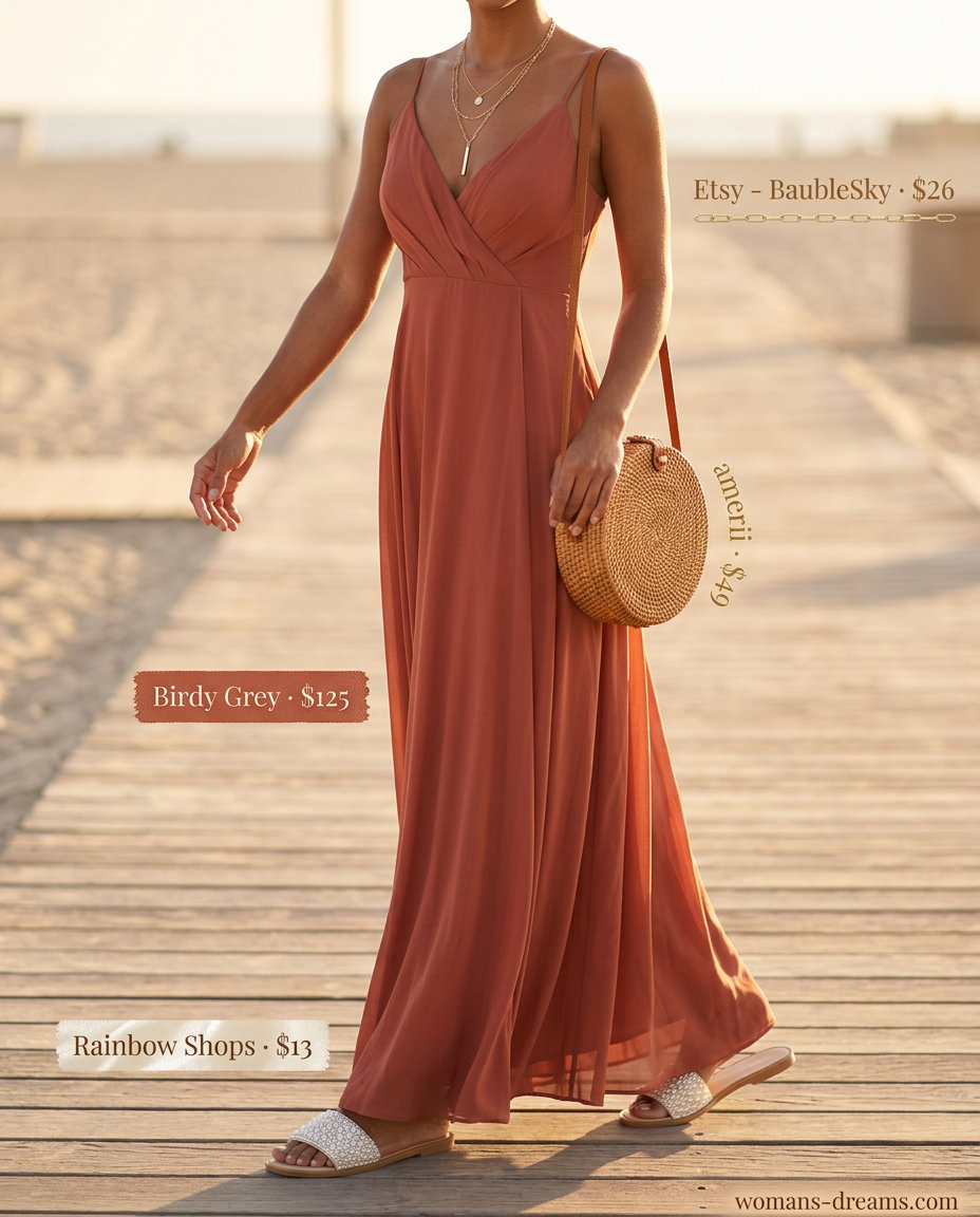 Summer outfits for women with golden skin tone 2026: Terracotta maxi dress, cream sandals, straw bag, and gold jewelry for evening.