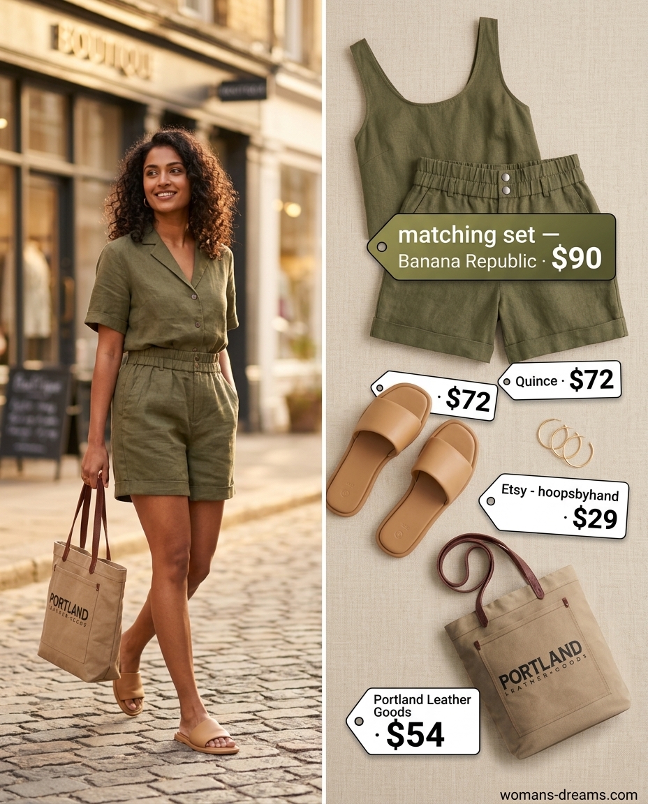 Summer outfits for women with golden skin tone 2026: Olive linen shorts set, white shirt, tan slides & gold hoops for a stylish day out.