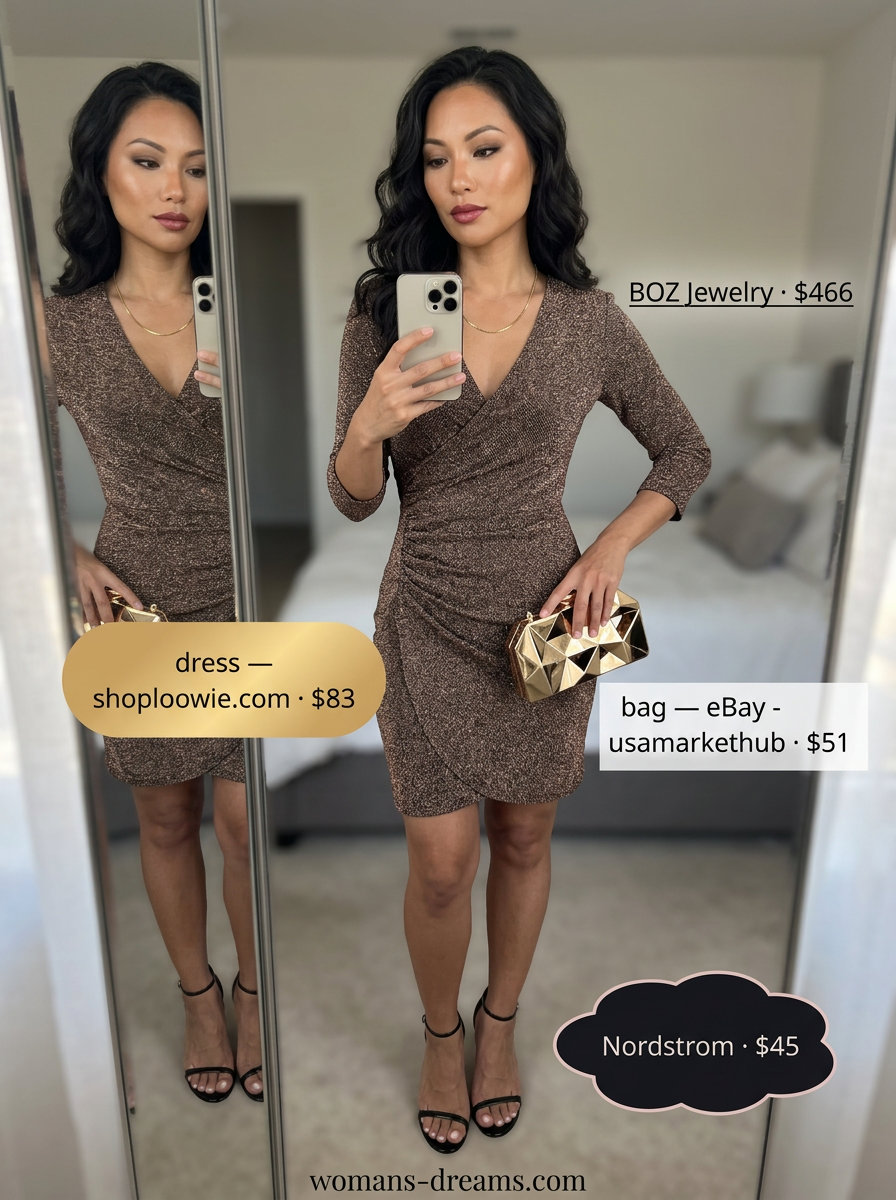 Bronze wrap dress, black heels, gold necklace & clutch for summer outfits for women with golden skin tone 2026.