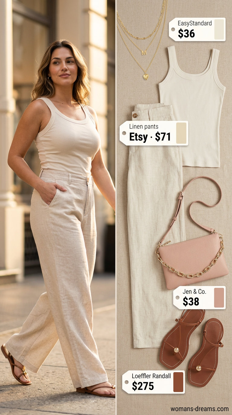 Camel linen pants, cream tank, gold necklaces & sandals for summer outfits for women with golden skin tone 2026.
