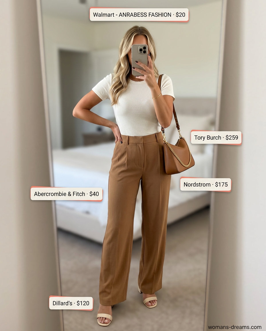 Camel wide-leg trousers, cream top, block heels & gold bracelet for summer outfits for women with golden skin tone 2026.