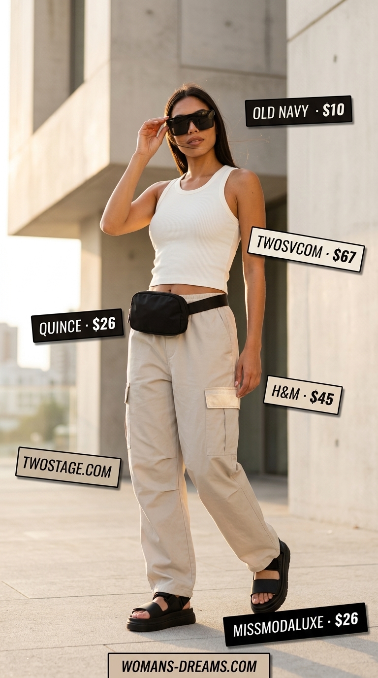 Summer outfits for women with golden skin tone 2026: Beige cargo pants, white tank, chunky sandals for casual exploration.