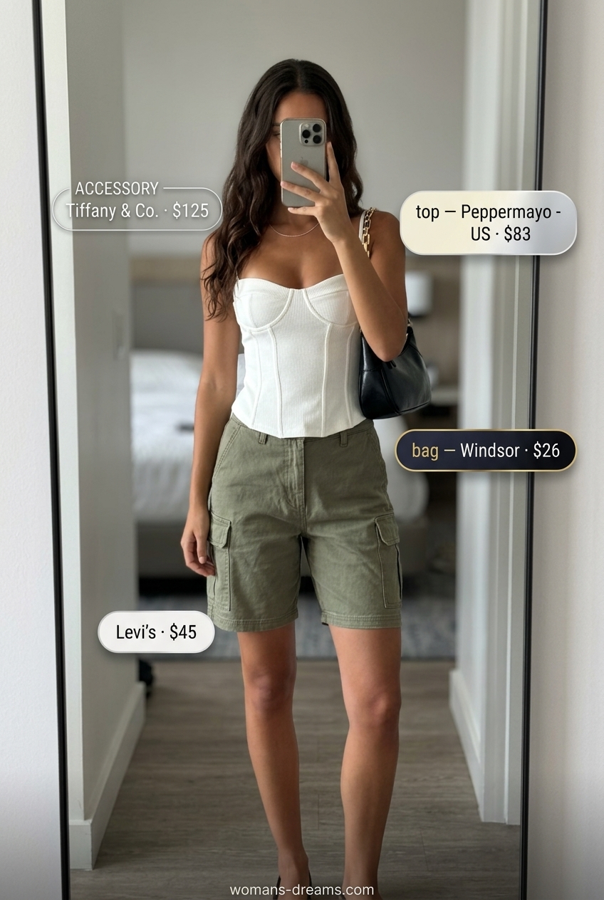 Summer outfits for women with golden skin tone 2026: Olive cargo shorts, white corset top, black mules for a trendy look.