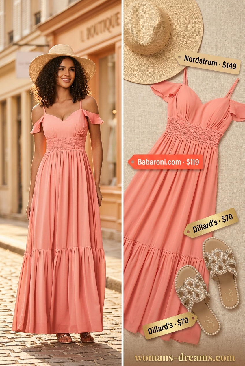 Coral maxi dress, straw hat, embellished sandals & tote for summer outfits for women with golden skin tone 2026.