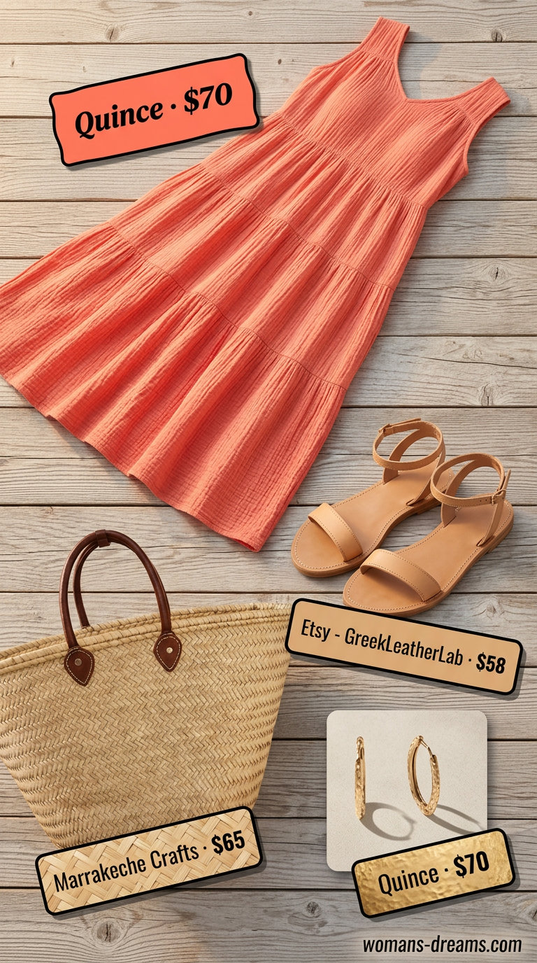 Summer outfits for women with golden skin tone 2026: Coral maxi dress, tan sandals, straw bag for beach brunch.