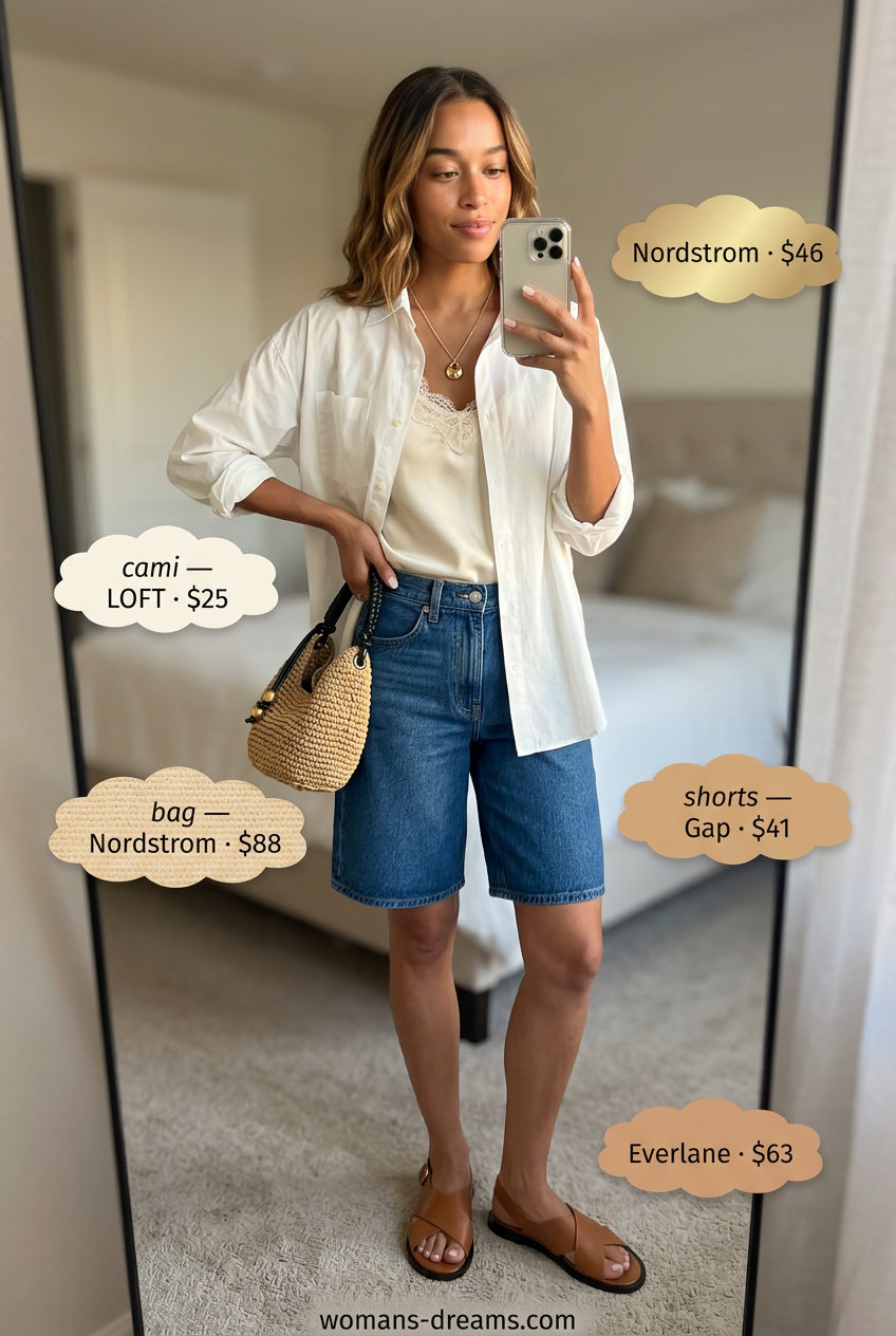 Denim shorts, cream cami, white shirt, gold necklace for summer outfits for women with golden skin tone 2026.