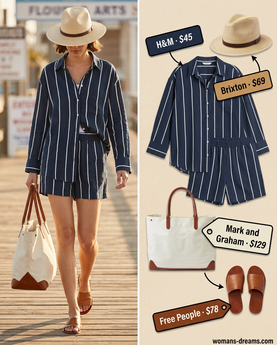 Summer outfits for women with golden skin tone 2026: Navy stripe linen set, tan slides, straw hat for casual daytime.