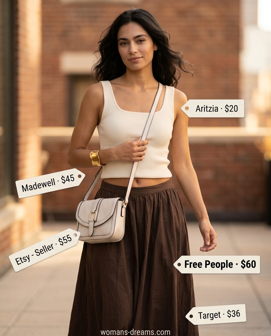 Summer outfits for women with golden skin tone 2026: Chocolate brown skirt, cream knit top, block heels for elevated casual.
