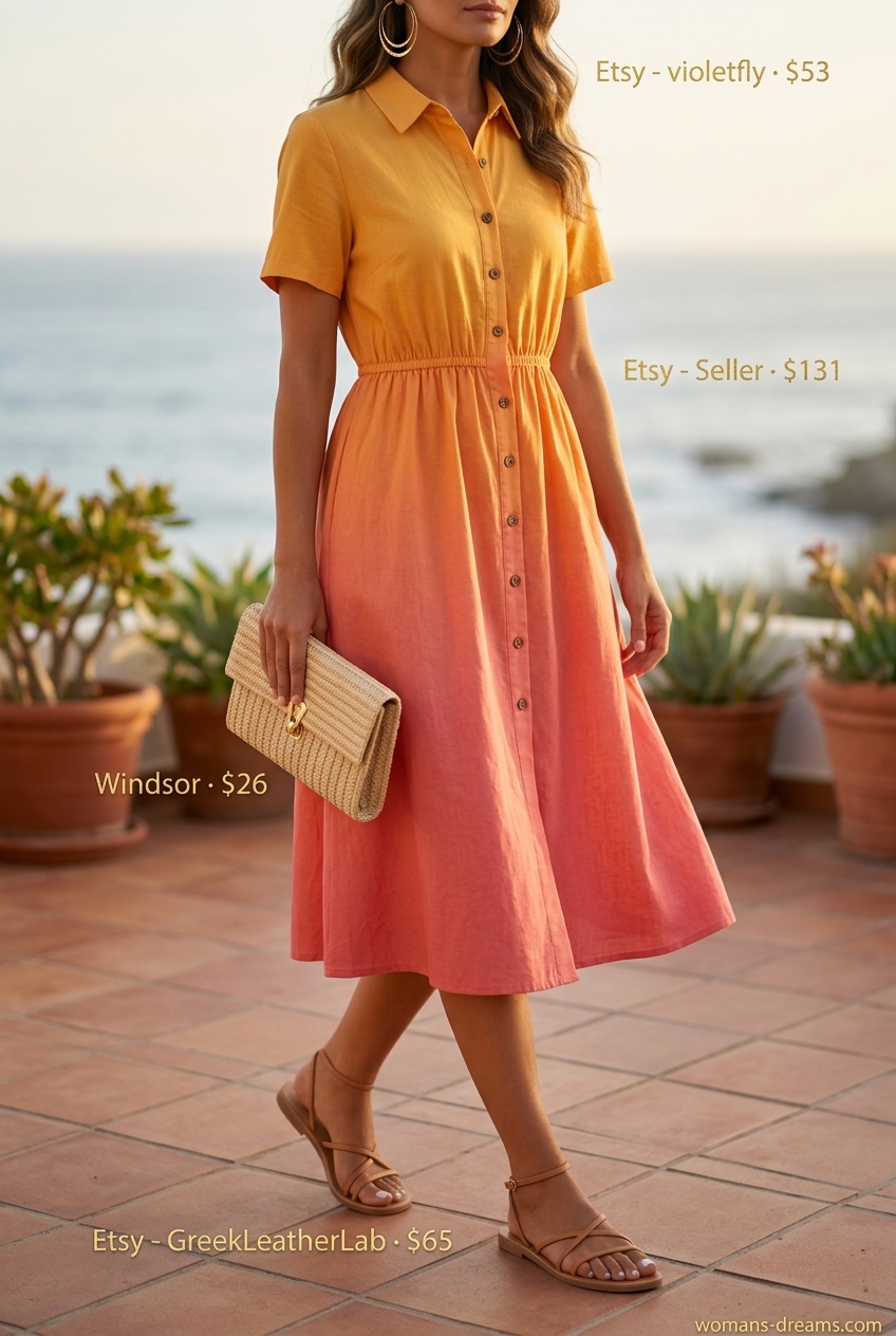 Summer outfits for women with golden skin tone 2026: Ombre linen dress, tan sandals, gold earrings for sunset cocktails.