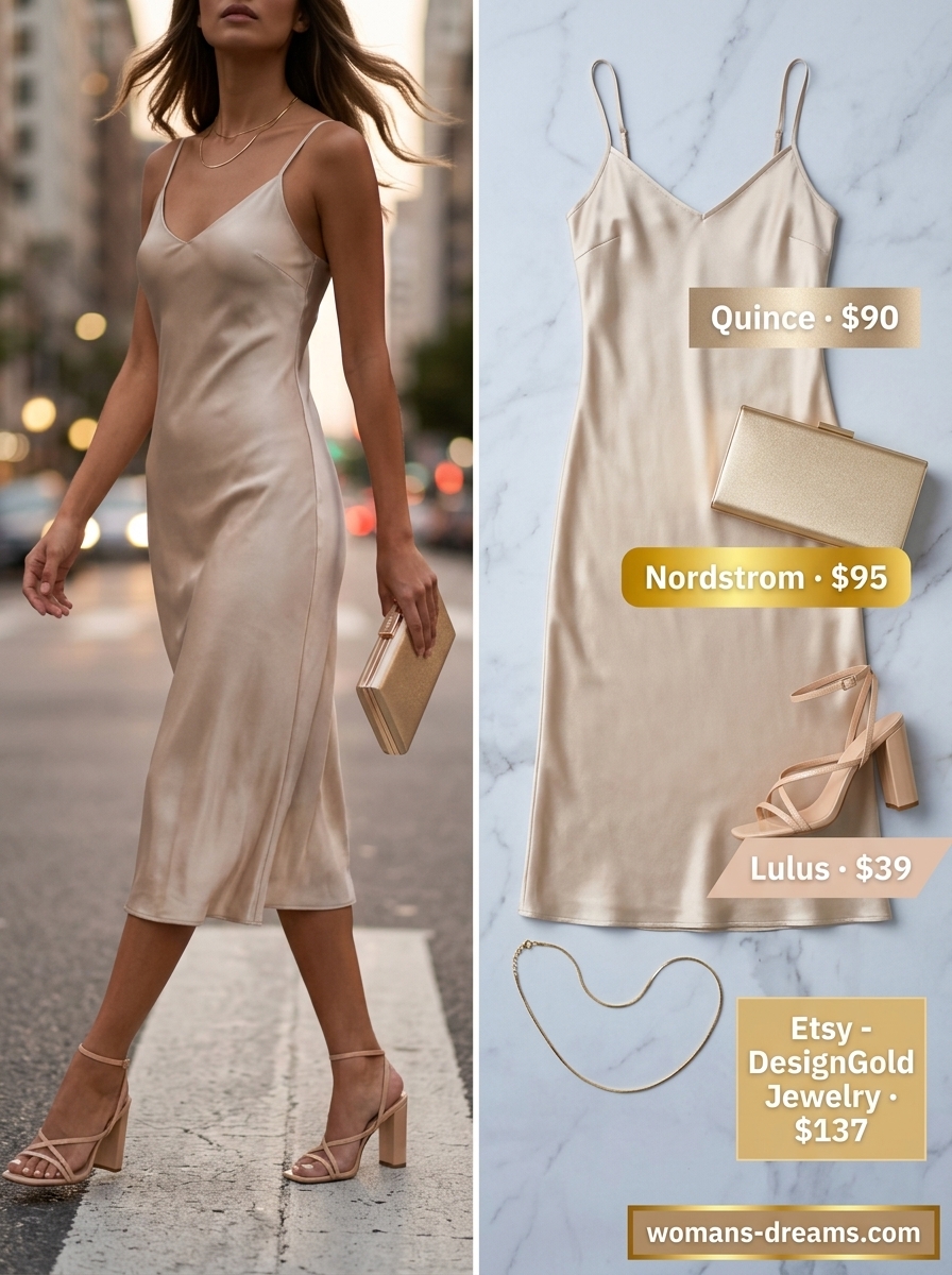 Summer outfits for women with golden skin tone 2026: Champagne silk slip dress, nude heels, gold jewelry for evening events.