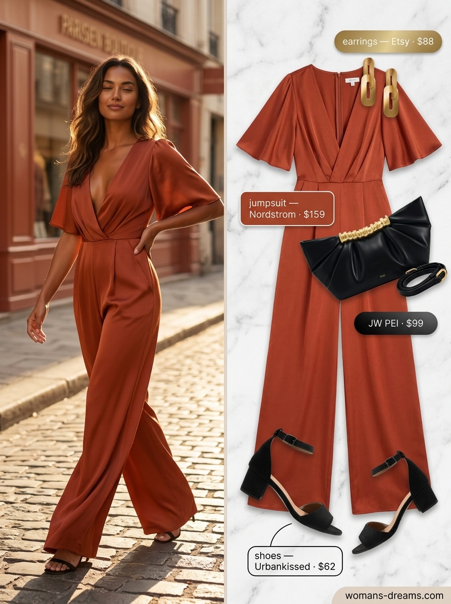 Terracotta wide-leg jumpsuit, black clutch & gold earrings for summer outfits for women with golden skin tone 2026.