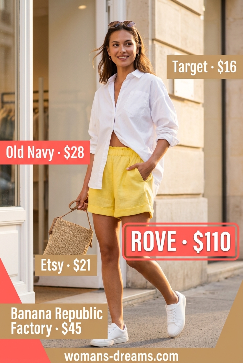 Summer outfits for women with golden skin tone 2026: Lemon yellow linen shorts, white shirt, white sneakers for casual brunch.