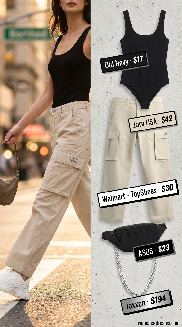 Edgy beige cargo pants for summer outfits for women with sun-kissed skin tone 2026. Street style look.