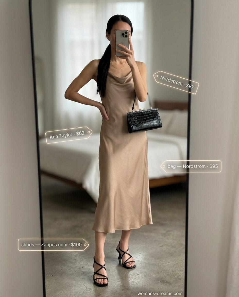Sophisticated champagne slip dress for summer outfits for women with sun-kissed skin tone 2026. Elegant evening wear.