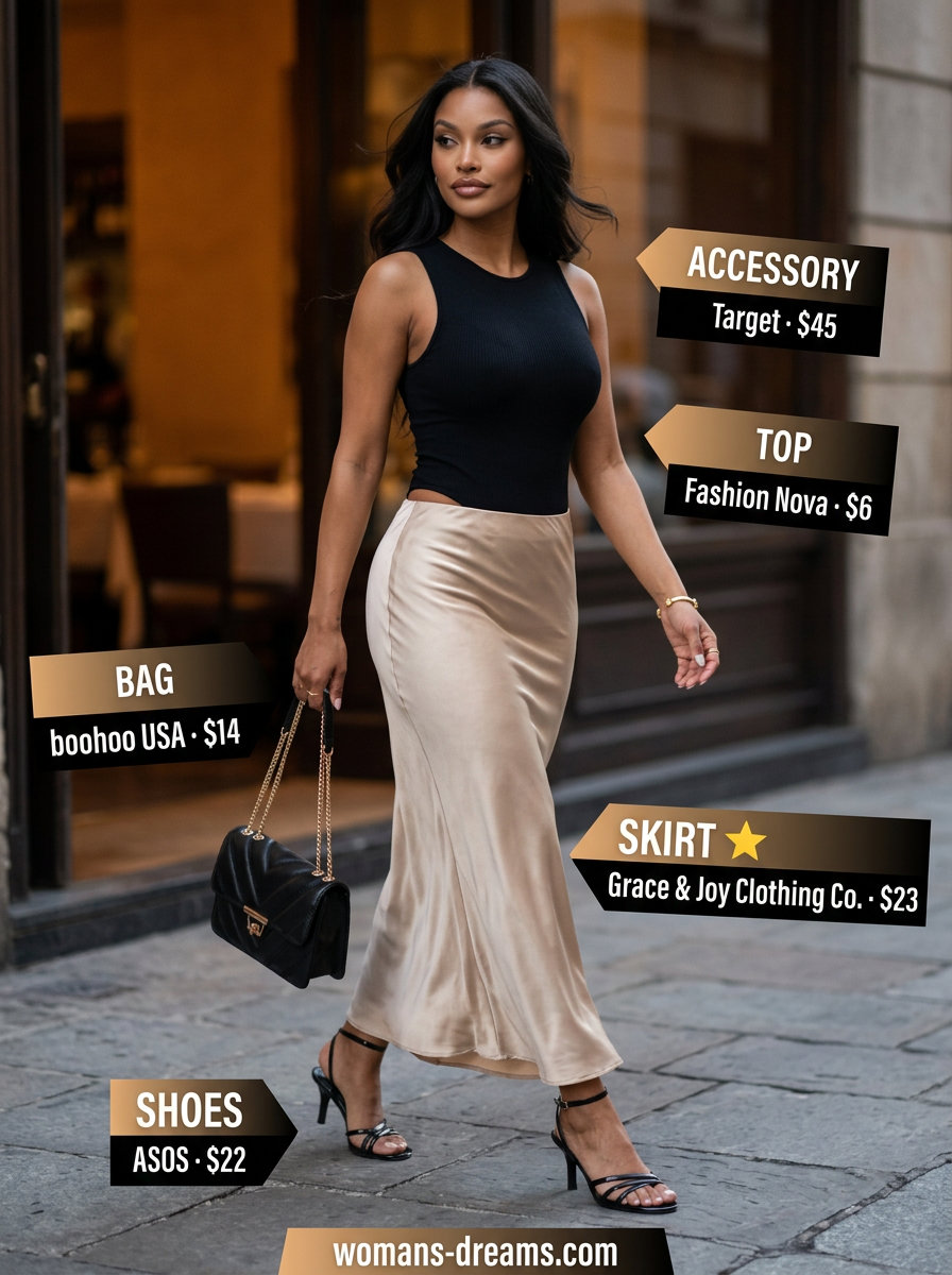 Champagne satin skirt for summer outfits for women with sun-kissed skin tone 2026. Evening out, cocktail party, dinner date.