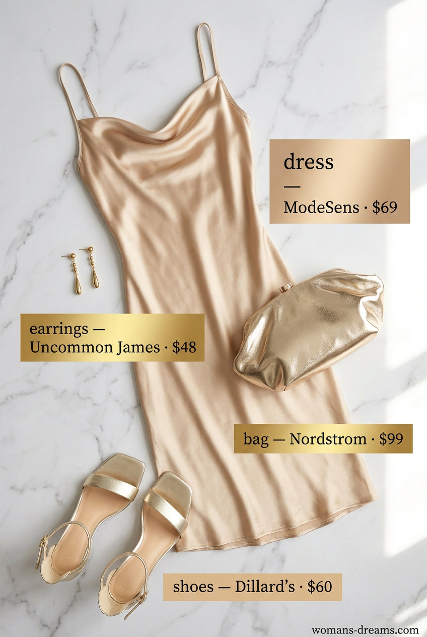 Glamorous champagne satin slip dress for summer outfits for women with sun-kissed skin tone 2026. Date night style.