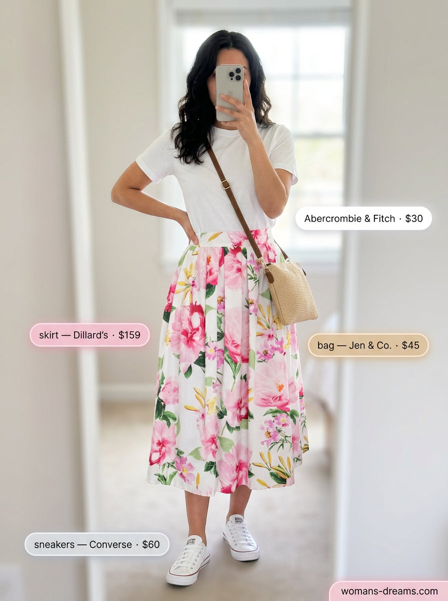 Floral midi skirt for summer outfits for women with sun-kissed skin tone 2026. Picnic, casual day out, farmers market.