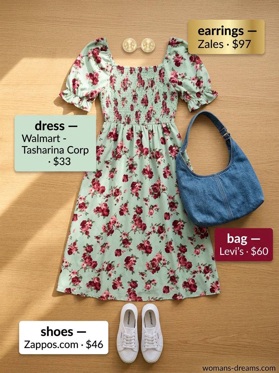 Playful floral midi sundress for summer outfits for women with sun-kissed skin tone 2026. Picnic outfit idea.