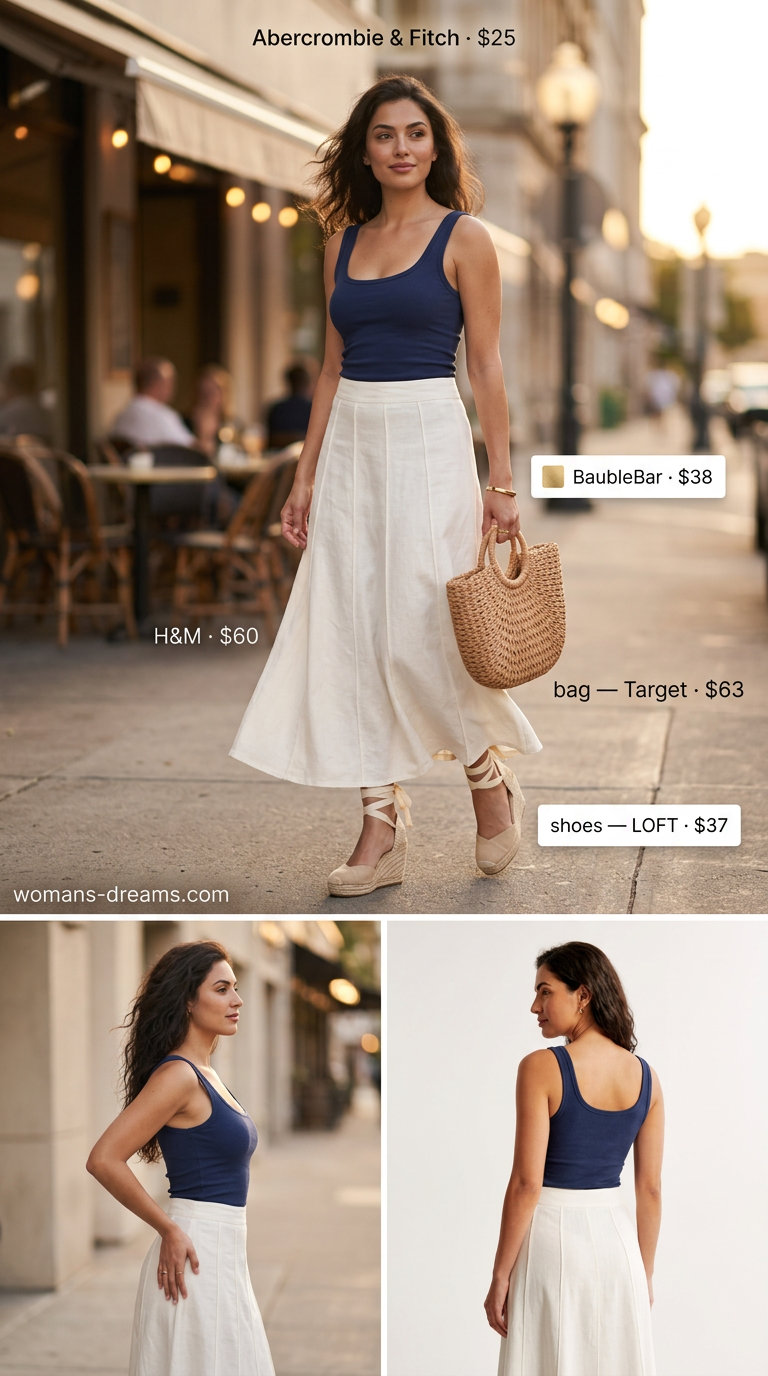 Ivory linen skirt for summer outfits for women with sun-kissed skin tone 2026. Beachside cafe, casual evening out, summer vacation.