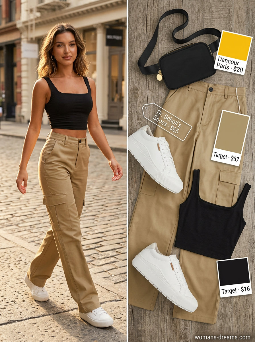 Trendy khaki cargo pants for summer outfits for women with sun-kissed skin tone 2026. Casual city outing look.