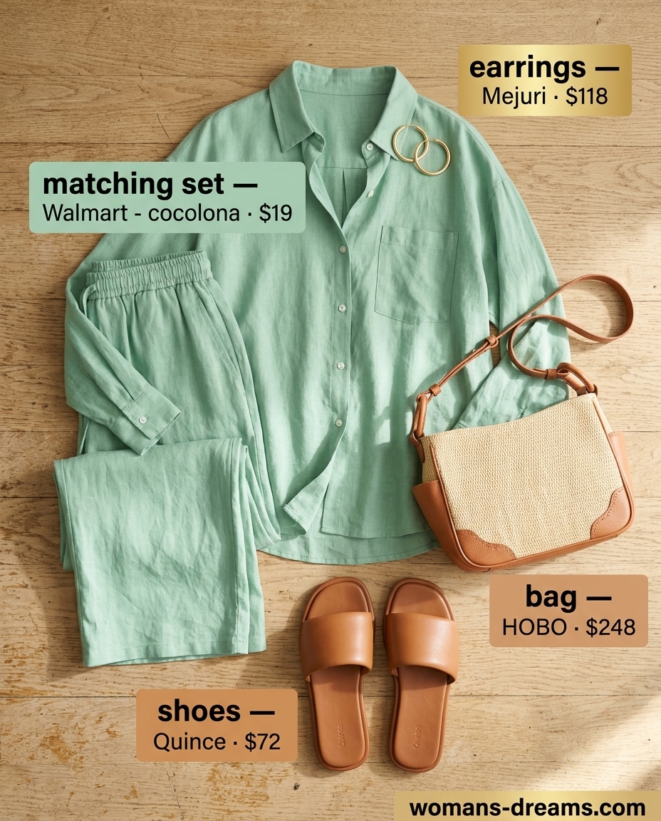 Mint green linen set for summer outfits for women with sun-kissed skin tone 2026. Casual day out, travel, lunch date.