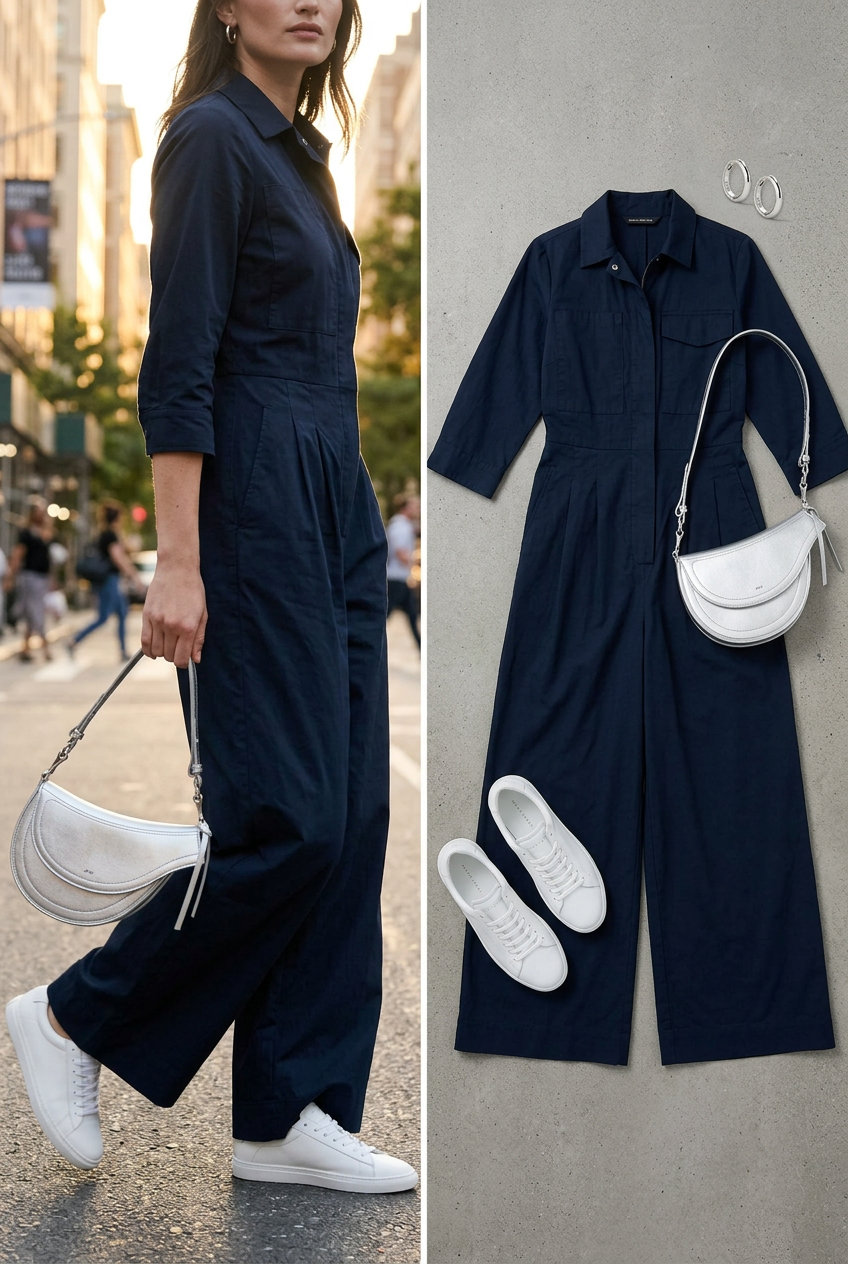 Modern utility jumpsuit for summer outfits for women with sun-kissed skin tone 2026. Navy blue jumpsuit, white sneakers, silver accessories.