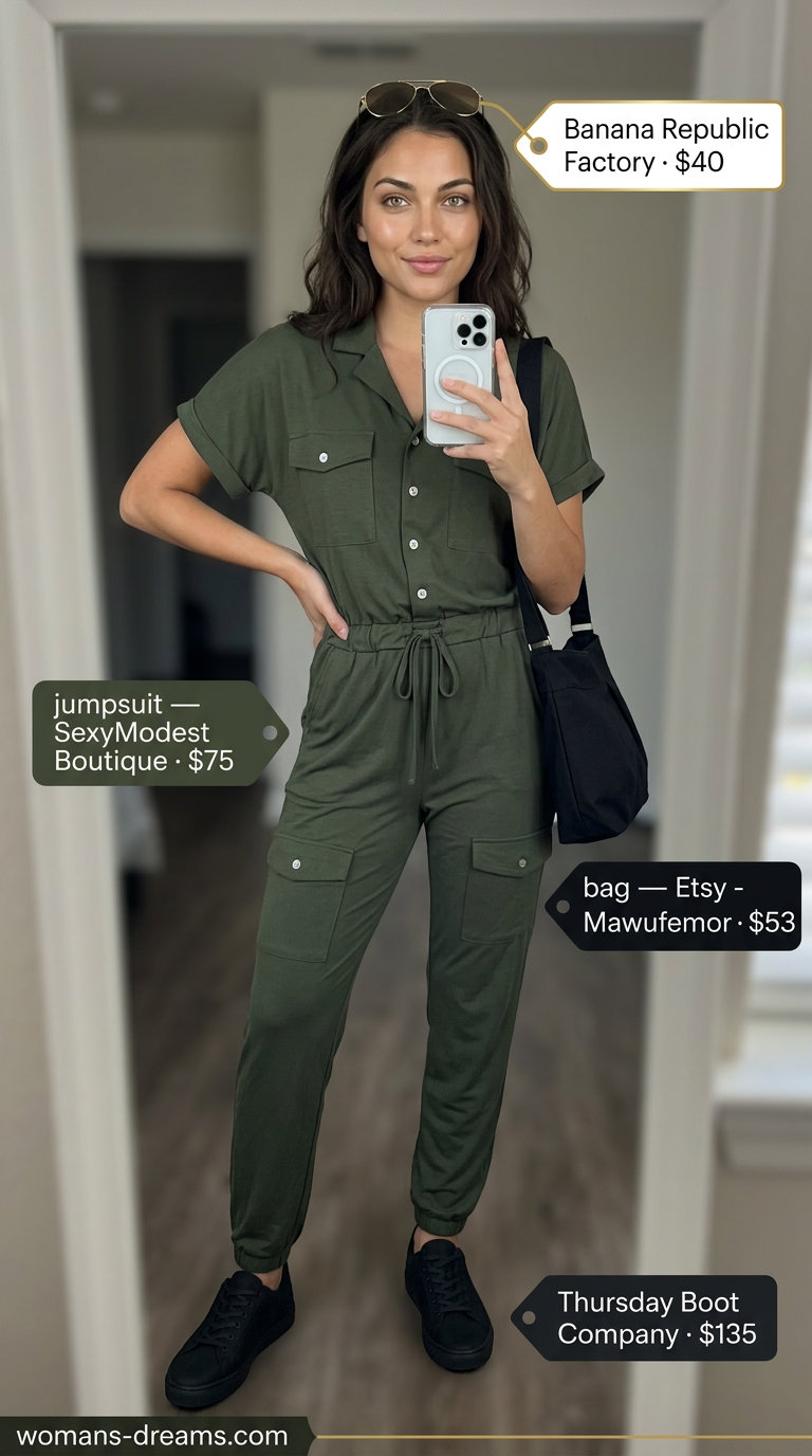 Chic olive green utility jumpsuit for summer outfits for women with sun-kissed skin tone 2026. City exploration style.