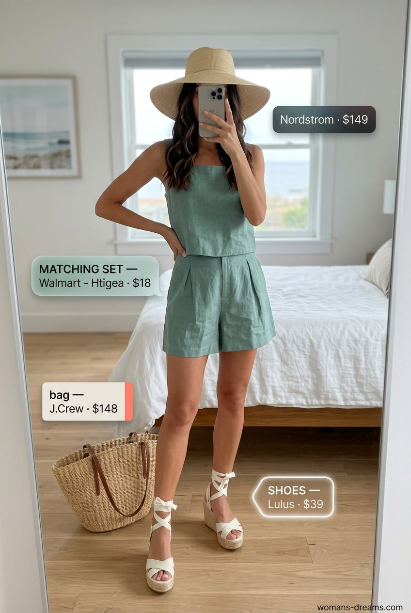 Seafoam green linen co-ord for summer outfits for women with sun-kissed skin tone 2026. Beach day, summer picnic, casual brunch.