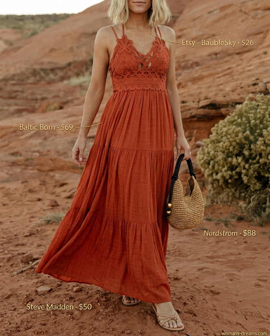 Terracotta maxi dress for summer outfits for women with sun-kissed skin tone 2026. Beachside dinner, summer evening out, vacation.