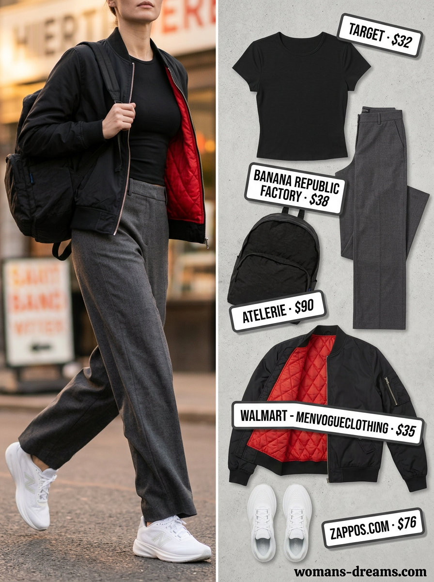 Sporty athleisure wide leg pants outfit for travel and casual days, with bomber jacket and crop top.