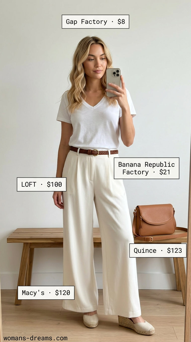 Beige wide leg pants outfit 2026: linen palazzo pants, white v-neck tee, brown belt, tan crossbody, espadrille wedges.