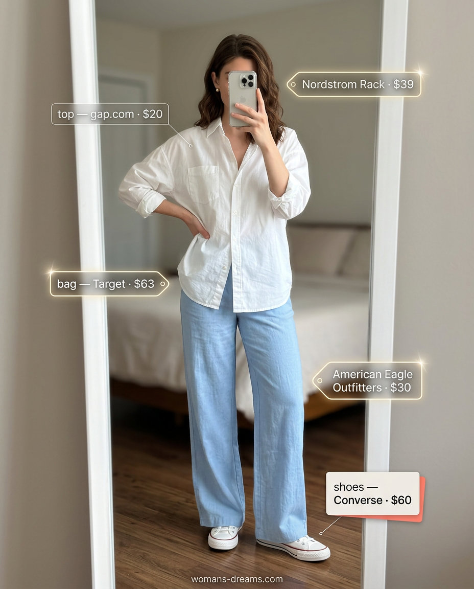 Sky blue linen wide leg pants outfit for vacation and casual Fridays, with white shirt and sneakers.