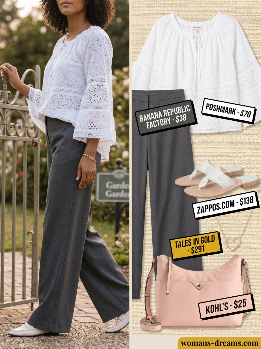 Blush pink wide leg pants outfit 2026: palazzo pants, eyelet blouse, gold necklace, white sandals, blush crossbody.