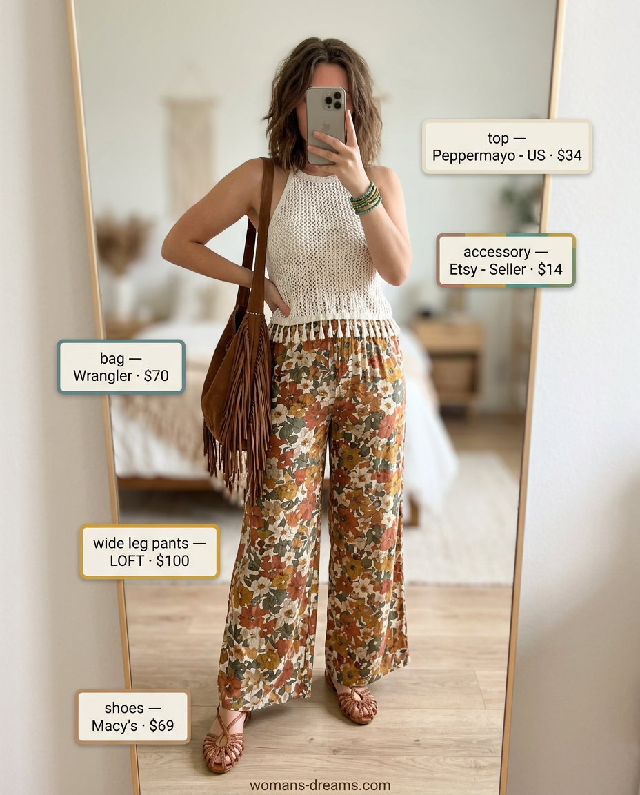 Boho wide leg pants outfit 2026: floral palazzo pants, crochet top, suede fringe bag, leather sandals, beaded bracelets.