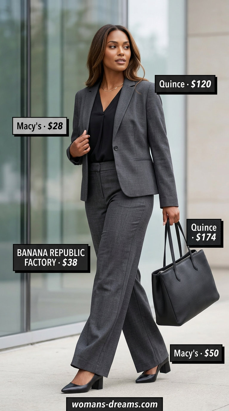 Charcoal grey wide leg pants outfit for office wear and business casual, with blazer and pumps.