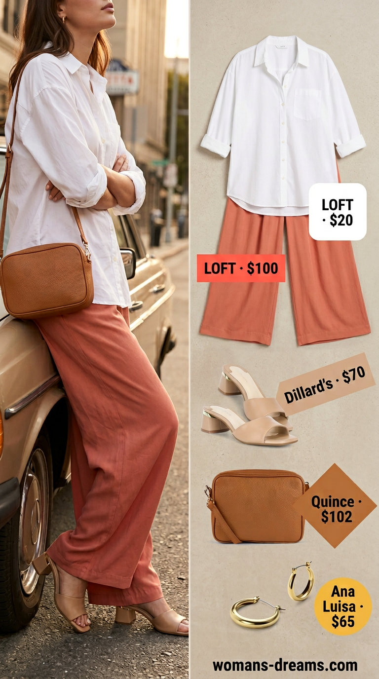 Coral linen wide leg pants outfit for summer work events, paired with white shirt and tan accessories.