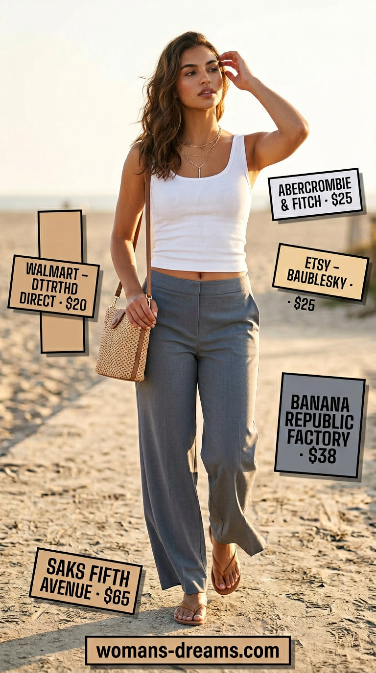 Cream wide leg pants outfit 2026: linen palazzo pants, scoop neck tank, straw bag, leather sandals, layered gold necklaces.
