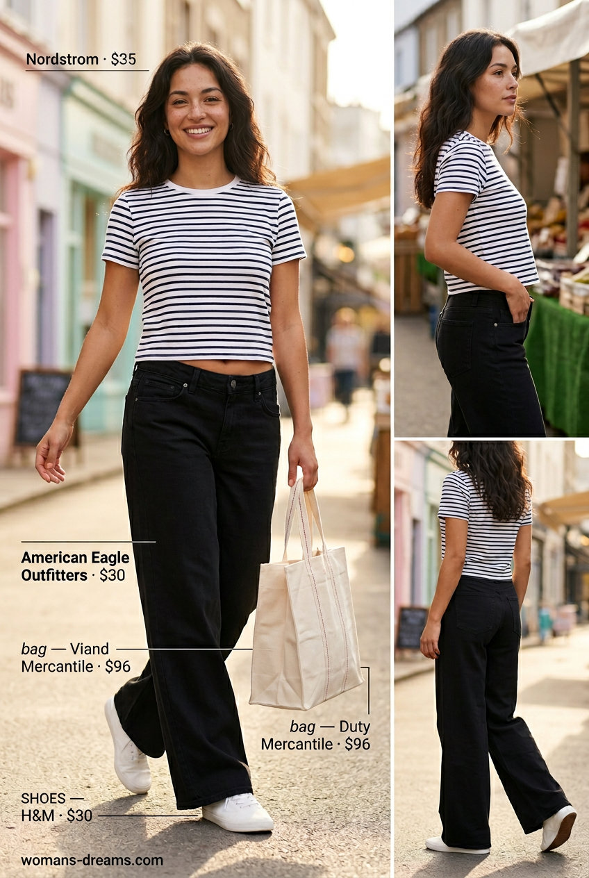 Playful denim summer palazzo wide leg pants outfits 2026 with striped tee and bandana.
