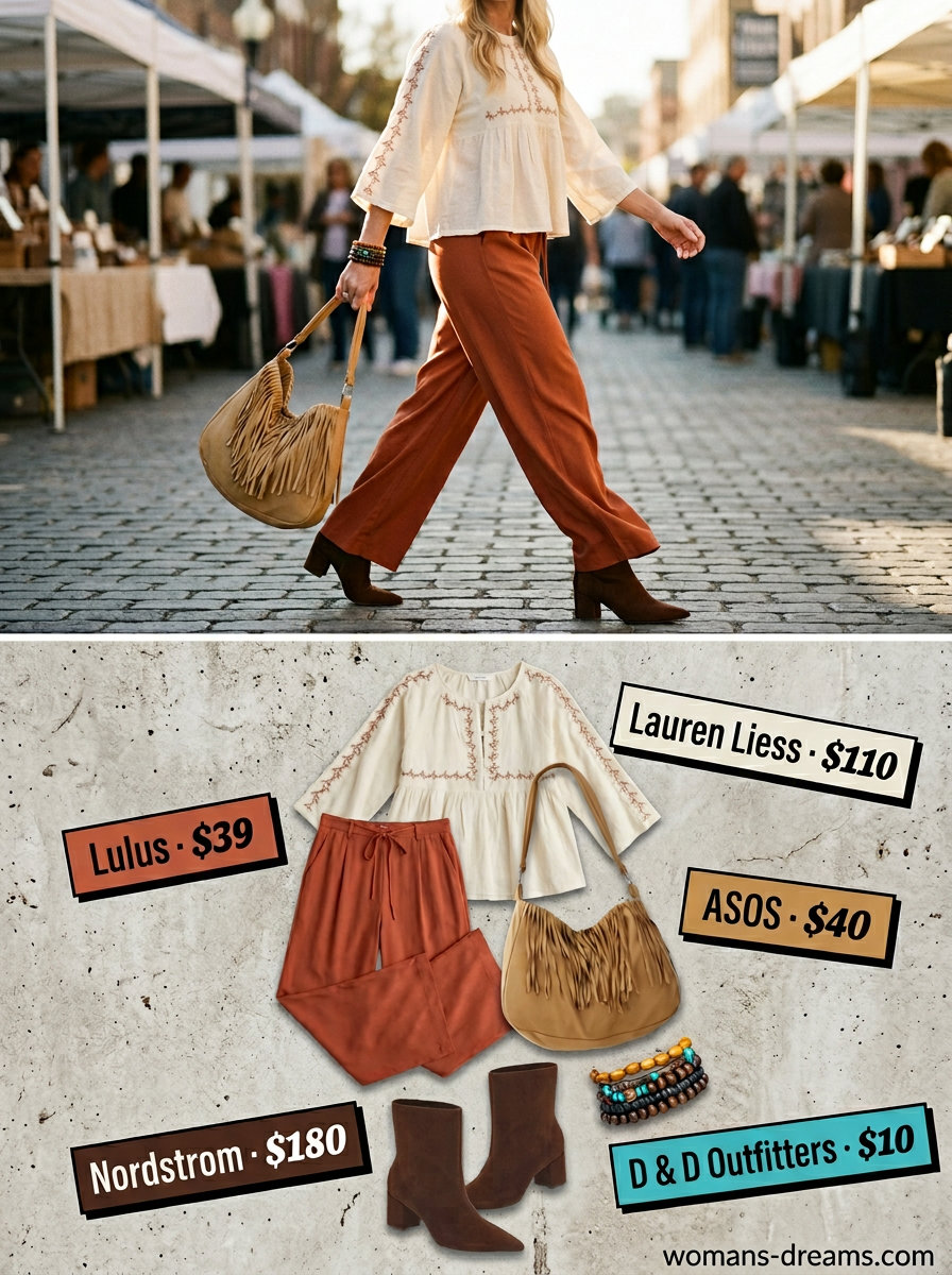 Bohemian rust orange wide leg palazzo pants outfit for festivals and weekends, with suede boots and fringe bag.