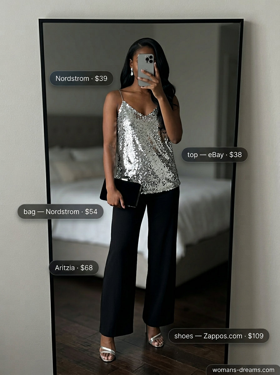 Glamorous navy summer palazzo wide leg pants outfits 2026 with sequin top and silver sandals.