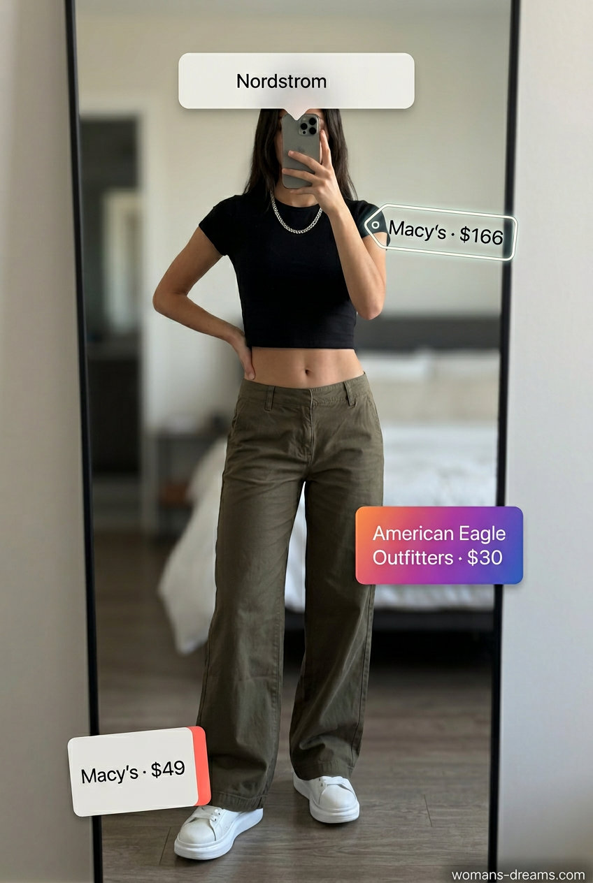 Khaki wide leg pants outfit 2026: utilitarian pants, black crop tee, belt bag, platform sneakers, silver chain.