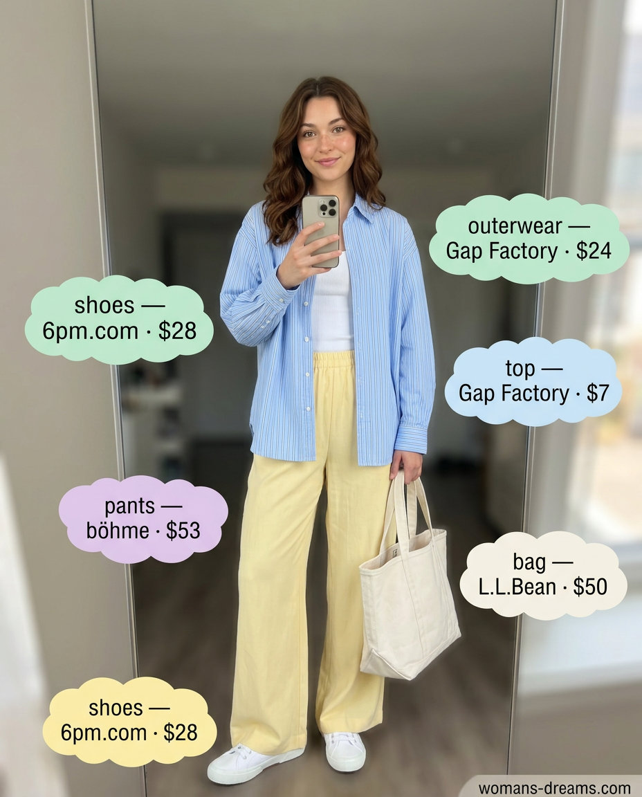 Lemon yellow wide leg pants outfit 2026: high-waist pants, striped shirt, white tank, canvas tote, white sneakers.