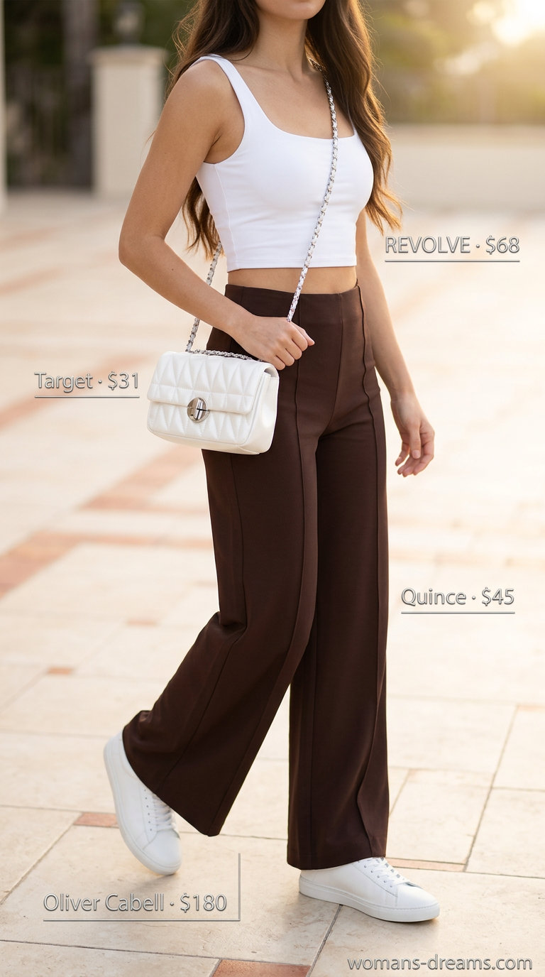 Lilac wide leg pants outfit 2026: lilac palazzo pants, white crop top, silver hoops, white crossbody bag, white sneakers.